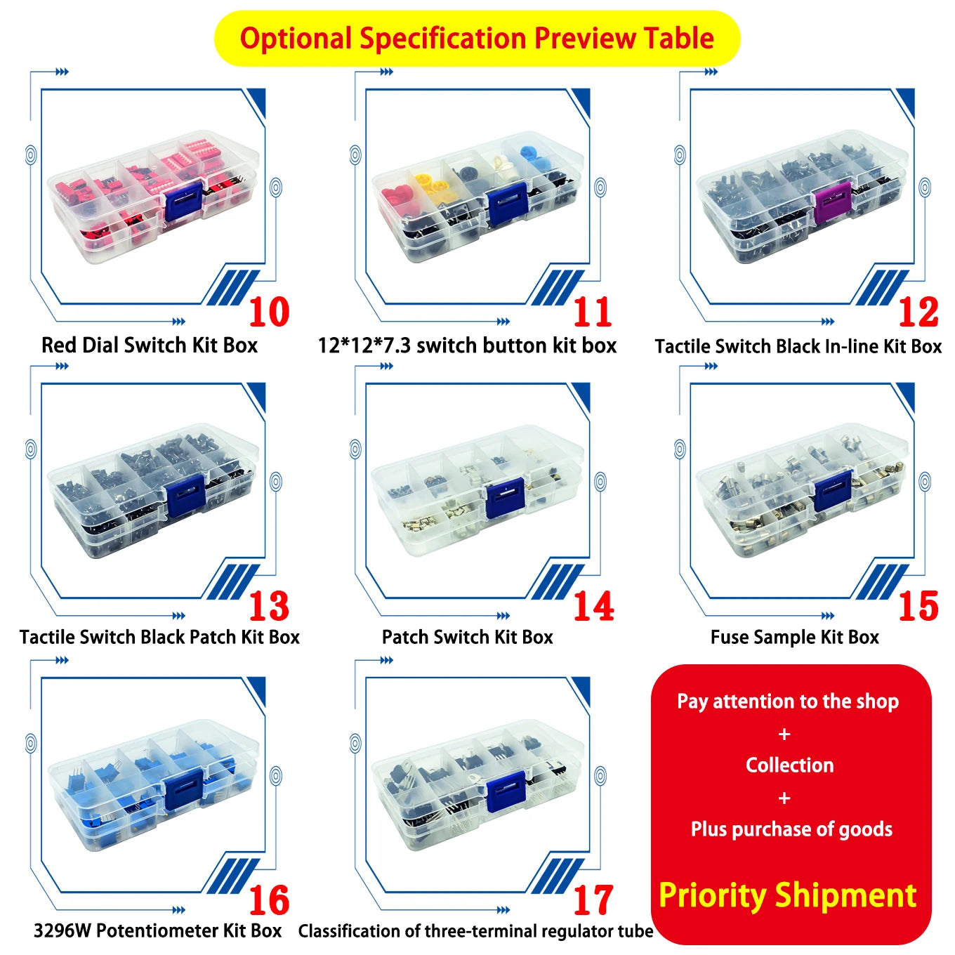Electronic Component Kit Box with LEDs, Transistors, IC Sockets, Switches, and Jumper Wires