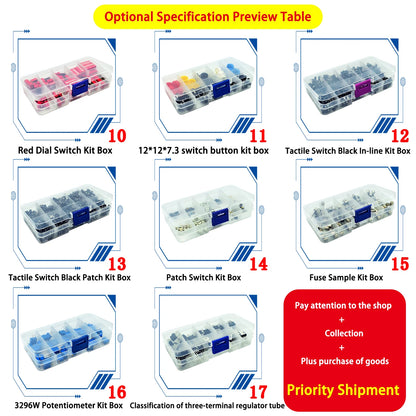Electronic Component Kit Box with LEDs, Transistors, IC Sockets, Switches, and Jumper Wires