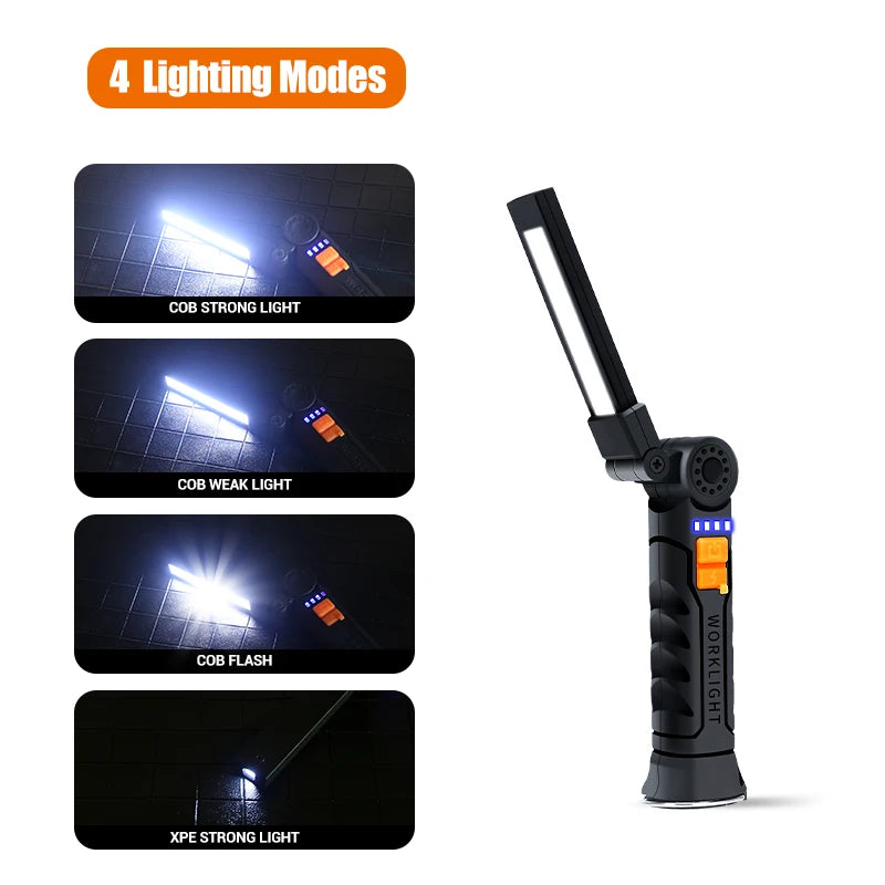 USB Rechargeable LED Work Light 600 Lumens COB Lantern with Power  Display Emergency Magnetic Flashlight for Outdoor Car Repair