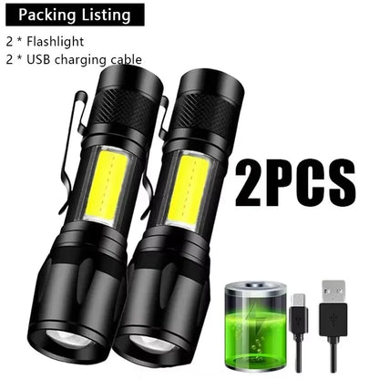 COB+XPE Mini LED Pocket Flashlight with Pen Clip Portable USB Rechargeable Torch Outdoor Zoomable Light Tactical Lantern Lamp