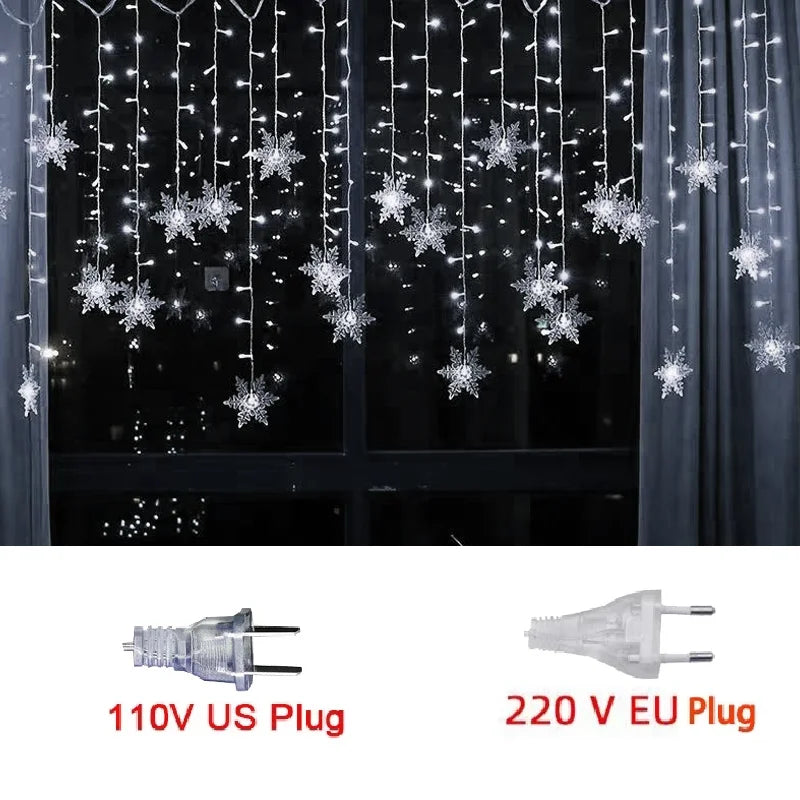2026 Xmas Wedding Party Decoration 3.2M Christmas Snowflakes LED String Lights Flashing Fairy Curtain Waterproof