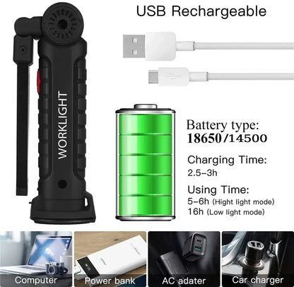 Folding COB XPE LED Work Light Flashlight USB Rechargeable Torch Magnetic Base & Hook, Emergency Car Inspection Lamp Red SOS