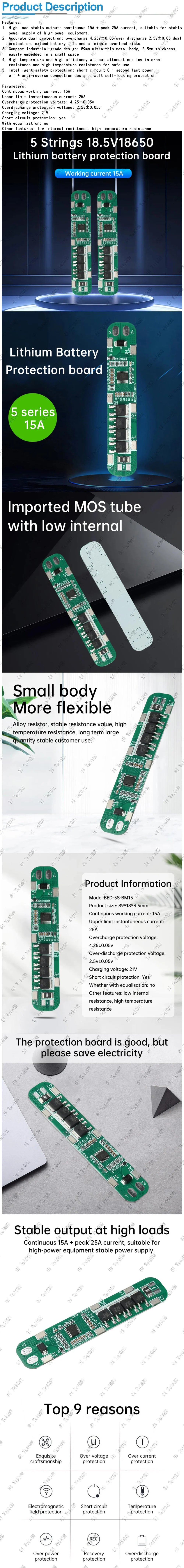 5S 18.5V–21V 15A BMS 18650 Lithium Battery Protection Board for Solar Lighting