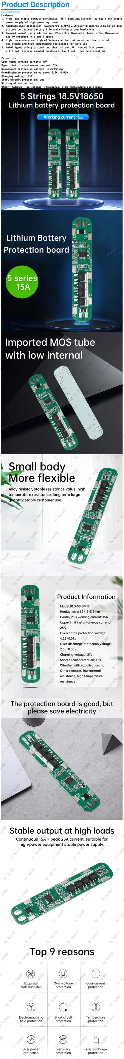 5S 18.5V–21V 15A BMS 18650 Lithium Battery Protection Board for Solar Lighting