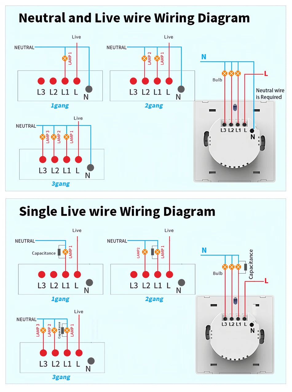 Tuya ZigBee Smart Light Switch No Neutral Wire 1/2/3 Gang Wall Touch Switch Works with Alexa Google Home