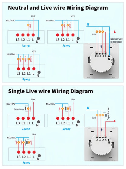 Tuya ZigBee Smart Light Switch No Neutral Wire 1/2/3 Gang Wall Touch Switch Works with Alexa Google Home