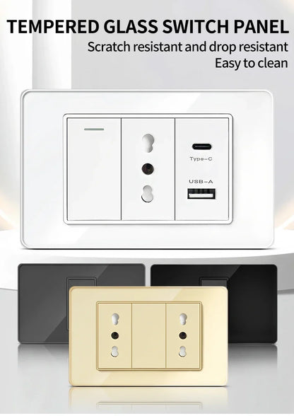 118-Style EU/CL Dual Socket with USB-C PD 20W Tempered Glass Italy & Chile Outlet for Home Office