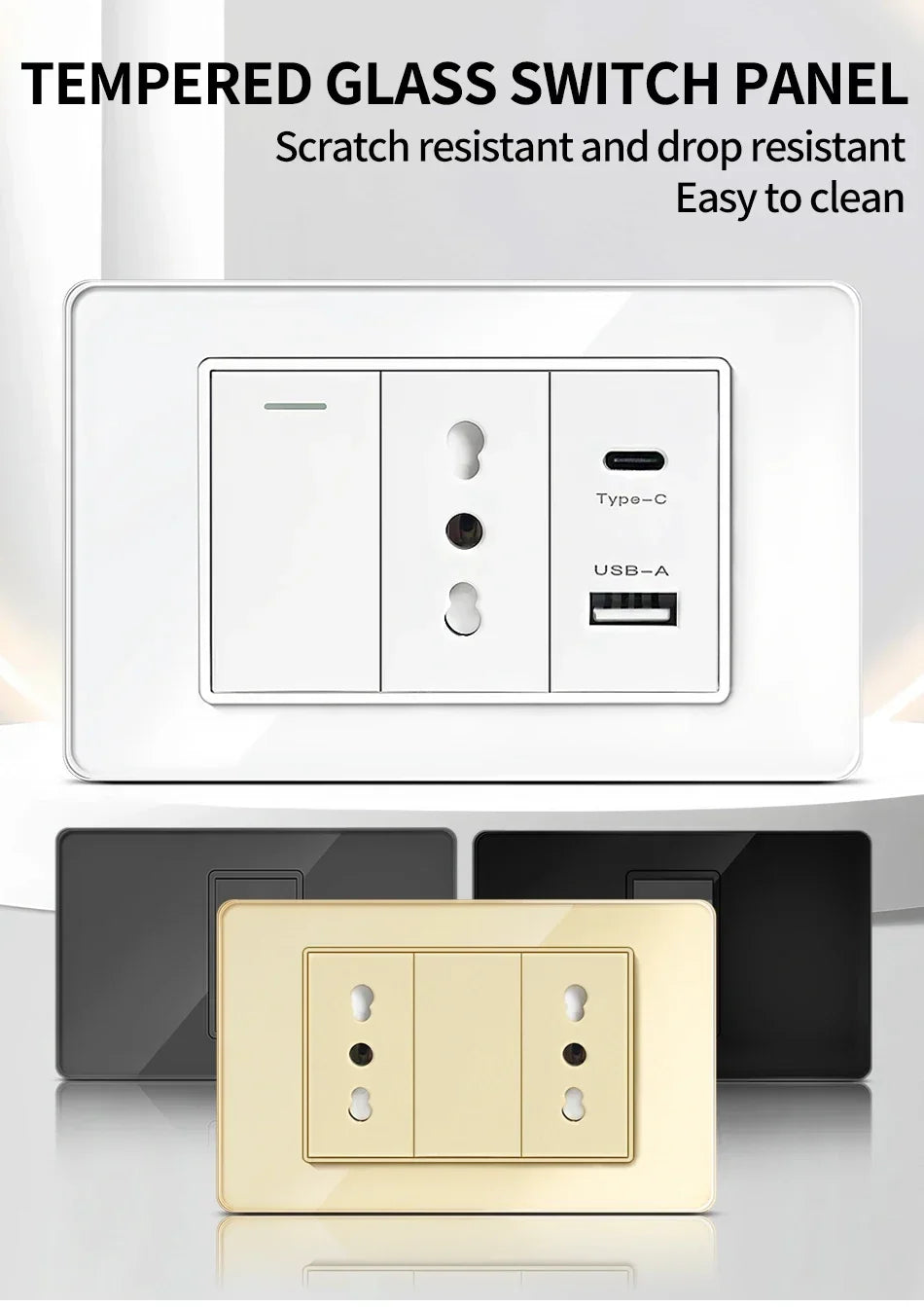 T&I Wall Switch Socket with USB-C Fast Charging Italy & Chile Schuko Outlet Tempered Glass Panel