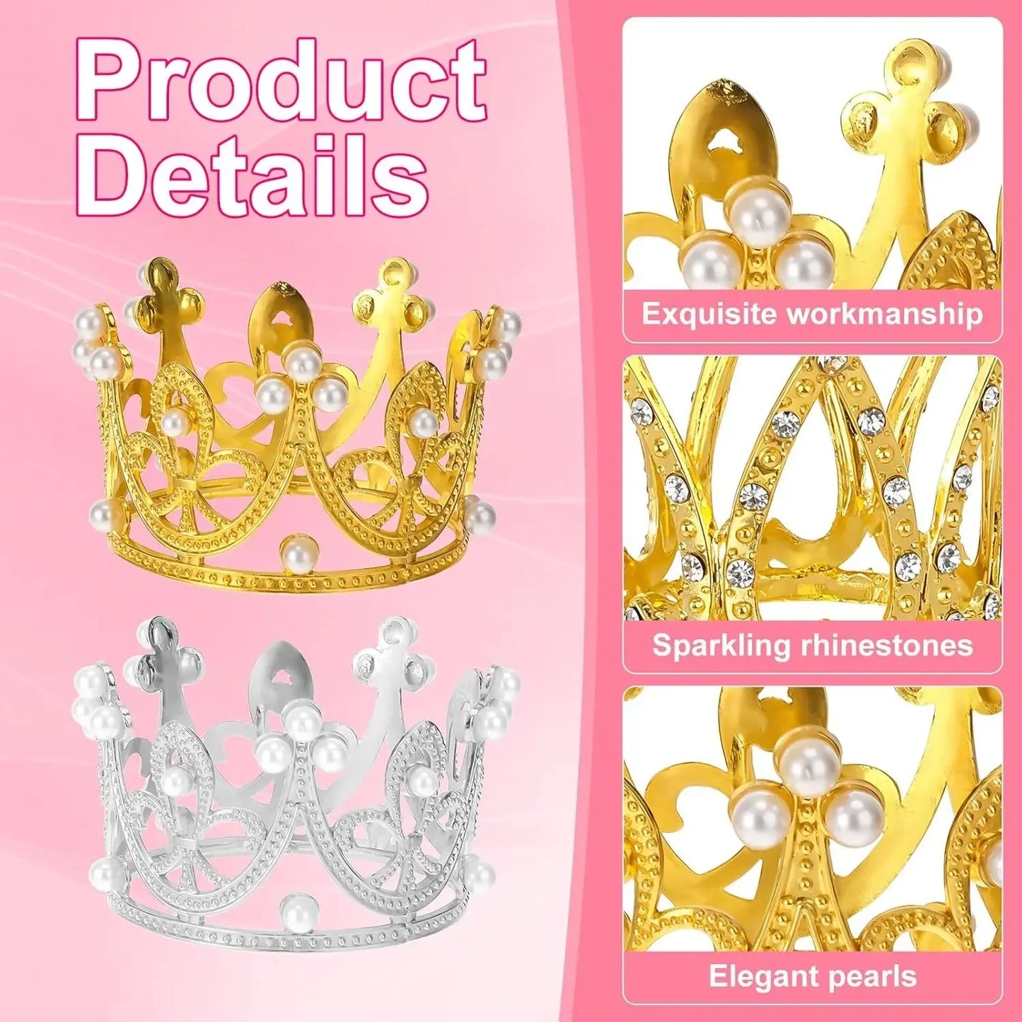 Wholesale Crown Cake Decoration Gold Silver Pearl Crown Topper Mini Princess Headwear Decoration Birthday Wedding Decor Supplies