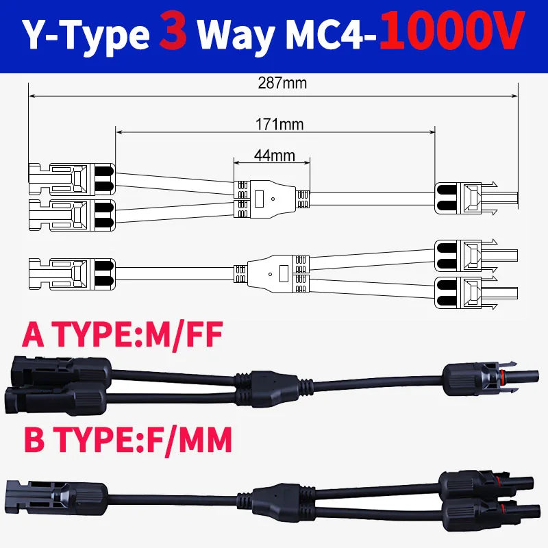 DC PV Y Branch Photovoltaic Solar Connector 1000V 30A Male Female 3-Way 4-Way 5-Way Plug 1 to 2/3/4 Adapter