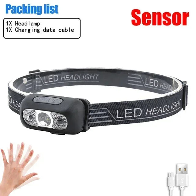 USB Rechargeable Mini Strong Light LED Sensor Headlamp Outdoor Waterproof Work Head Torch Camping Fishing Search Headlight
