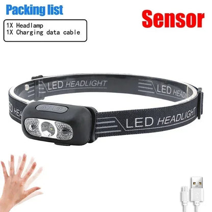 USB Rechargeable Mini Strong Light LED Sensor Headlamp Outdoor Waterproof Work Head Torch Camping Fishing Search Headlight