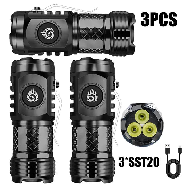 High Quality 3*SST20 LED Flashlight Built-in Battery USB Rechargeable Pen Clip Head Flashlight Waterproof Camping Hiking Torch