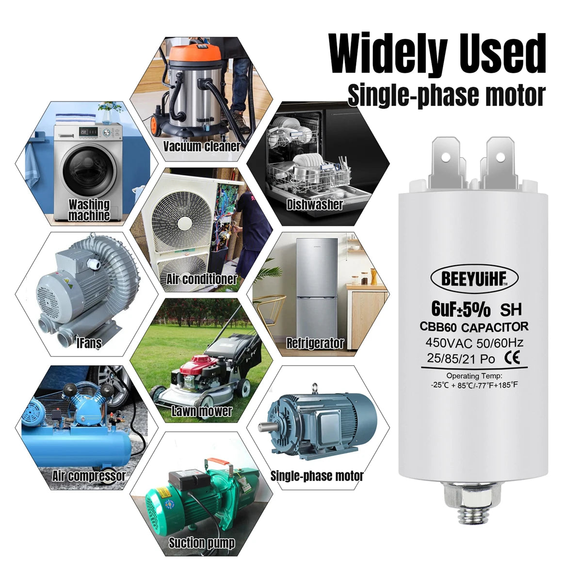 CBB60 Motor Start Capacitor 6µF–60µF 450VAC 50/60Hz with M8 Screw