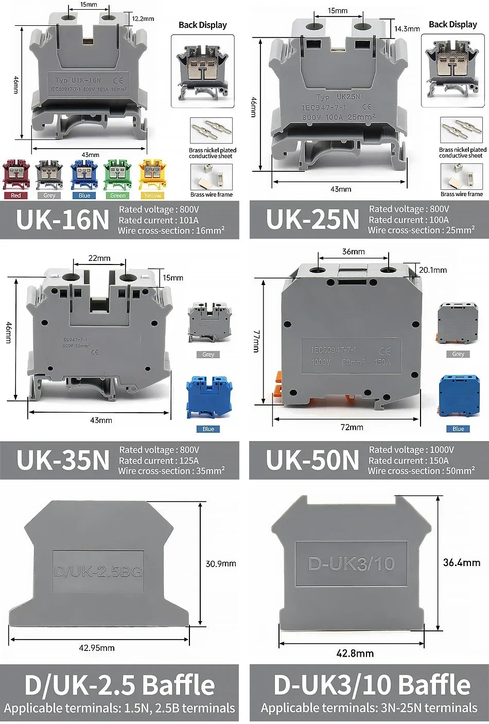 Premium Brass UK Screw Clamp Connector for Wiring DIN Rail Mounted UK1.5N 2.5B 3N 5N 6N 10N 16N 25N 35N 50N