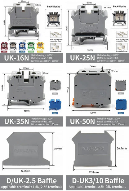 Premium Brass UK Screw Clamp Connector for Wiring DIN Rail Mounted UK1.5N 2.5B 3N 5N 6N 10N 16N 25N 35N 50N