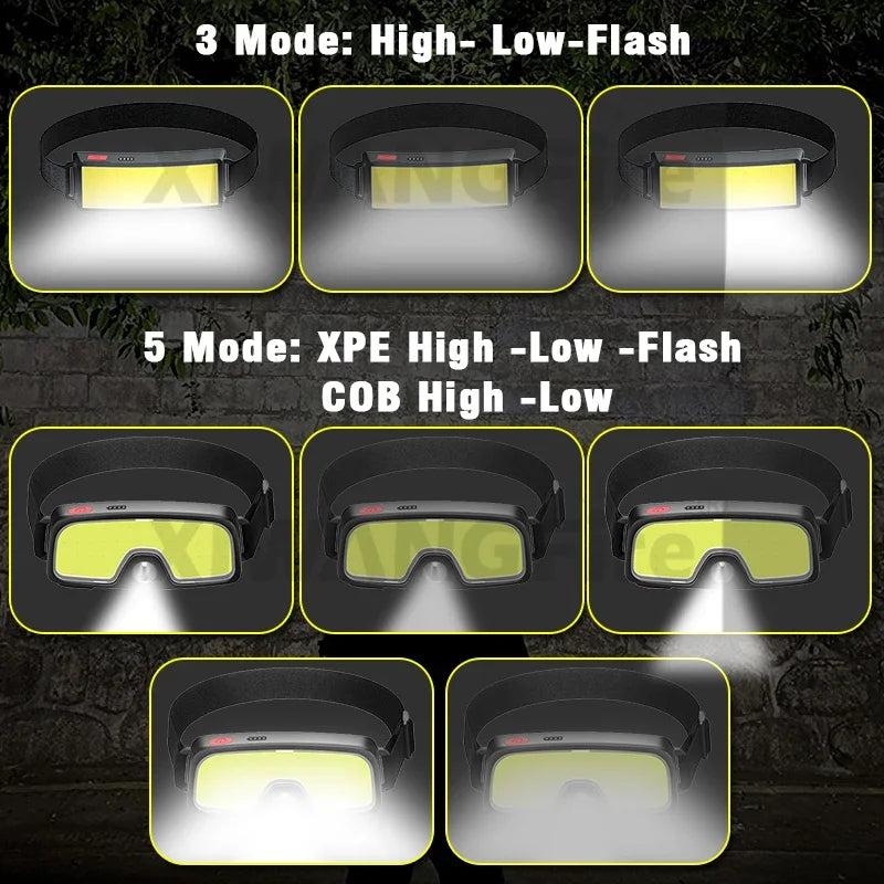 COB LED Rechargeable Headlamp with Built-in Battery Waterproof Head Torch