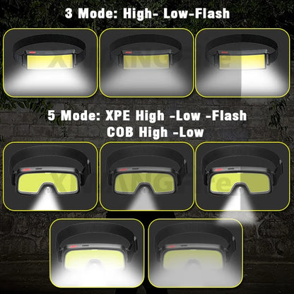 COB LED Rechargeable Headlamp with Built-in Battery Waterproof Head Torch