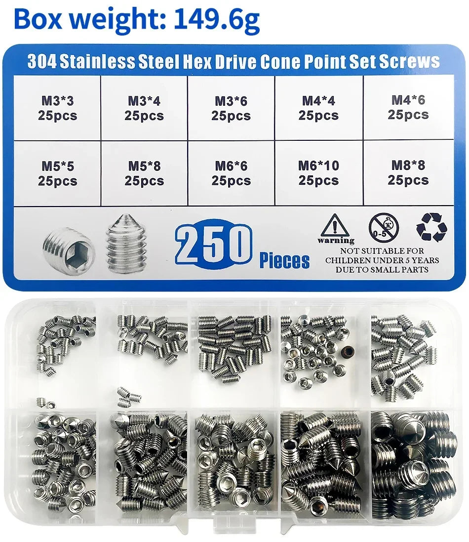250PCS Stainless Steel Allen Head Socket Set Grub Screws Assortment — M3 M4 M5 M6 M8 Cup Point with Storage Box
