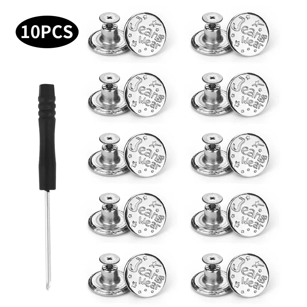 Jeans Buttons Replacement Kit — 17mm No-Sew Nailless Removable Metal Button Repair Set 10pcs