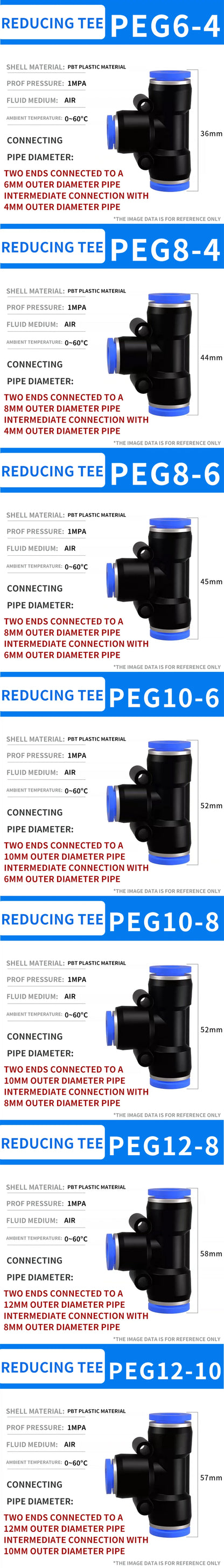 Pneumatic Push-In Quick Connector PE/PEG Plastic Tee Fittings (PE4 PEG6-4/8-4/8-6/10-6/8) for Air Compressor Fluid Systems Hose