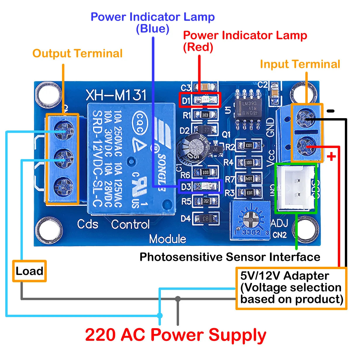 XH-M131 Light Control Photoresistor Relay Module 5V/12V/24V Automatic Brightness Detection Switch 10A