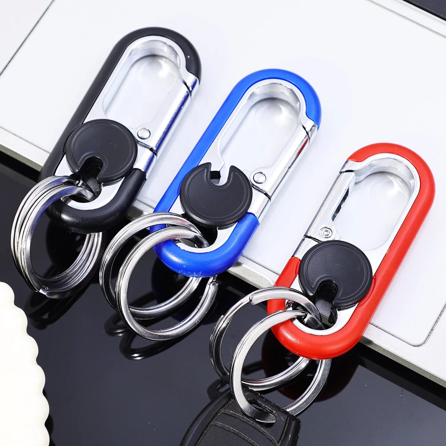 Men Stainless Steel Keychain Hook Carabiner Bottle Opener Double Ring