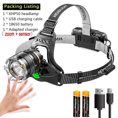 9000LM Zoom Headlamp Super Bright XHP50 Sensor LED Head Torch Usb Rechargeable Outdoor Camping Searching Headlight Flashlight