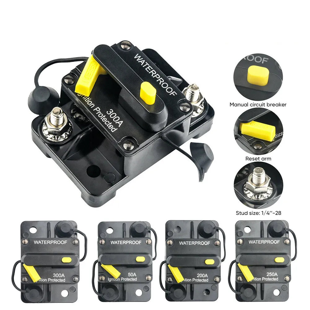Car Circuit Breaker Fuse Reset 30–300A 12V–48V DC, Waterproof Auto and Boat Electrical Switch