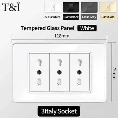 118x75mm Type-C Fast Charging Wall Socket Italy & Chile Schuko Outlet Tempered Glass Panel Type Switch