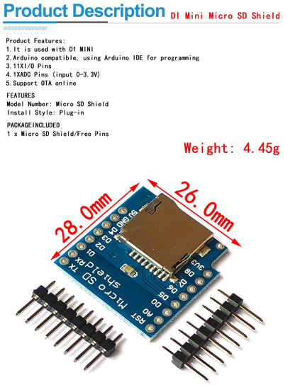 Micro SD TF Card Storage Expansion Module Shield with Pins for Arduino D1 Mini ARM AVR