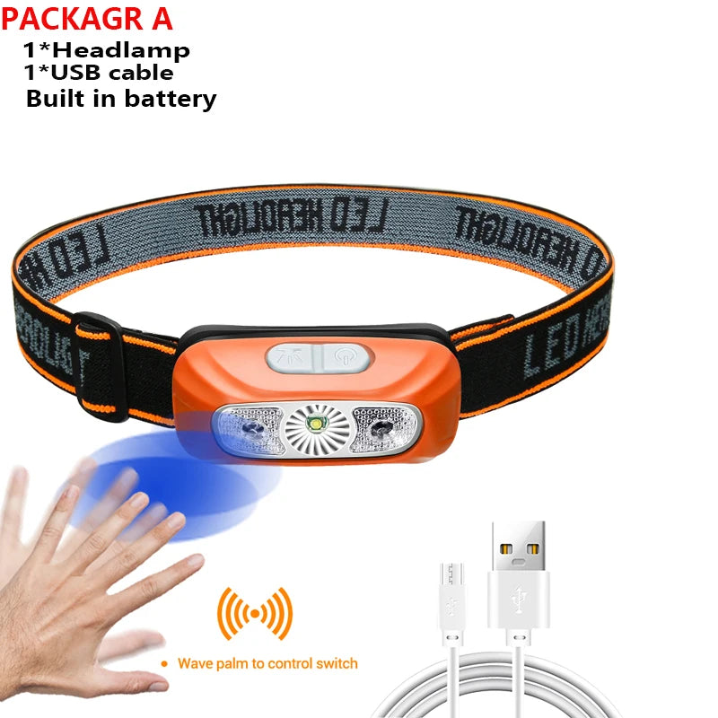USB Rechargeable Sensor Headlamp LED Head Torch Built-in Battery Head Flashlight for Outdoor Camping Fishing Headlight Lantern