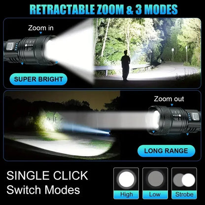 Strong Light LED Flashlight Portable Rechargeable Torch Telescopic Zoom Light Safety Light for Outdoor Camping Fishing Working