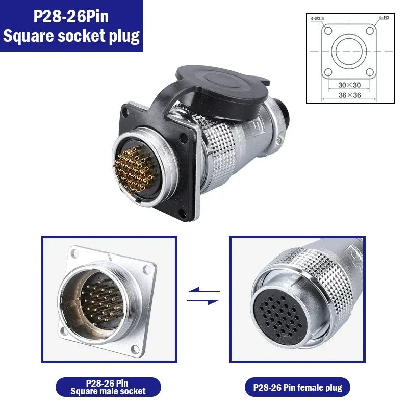 P28 Aviation Connector Square Flange Socket Male Female Circular Butt Joint 2/3/4/5/7/10/12/14/16/19/20/24 Pin P28K2Q PLS28