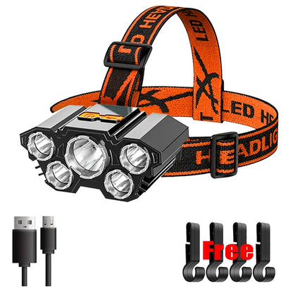 5 LED High Power Headlamp Portable Rechargeable HeadLight Built-in Battery Flashlight Outdoor Working Light for Fishing Camping