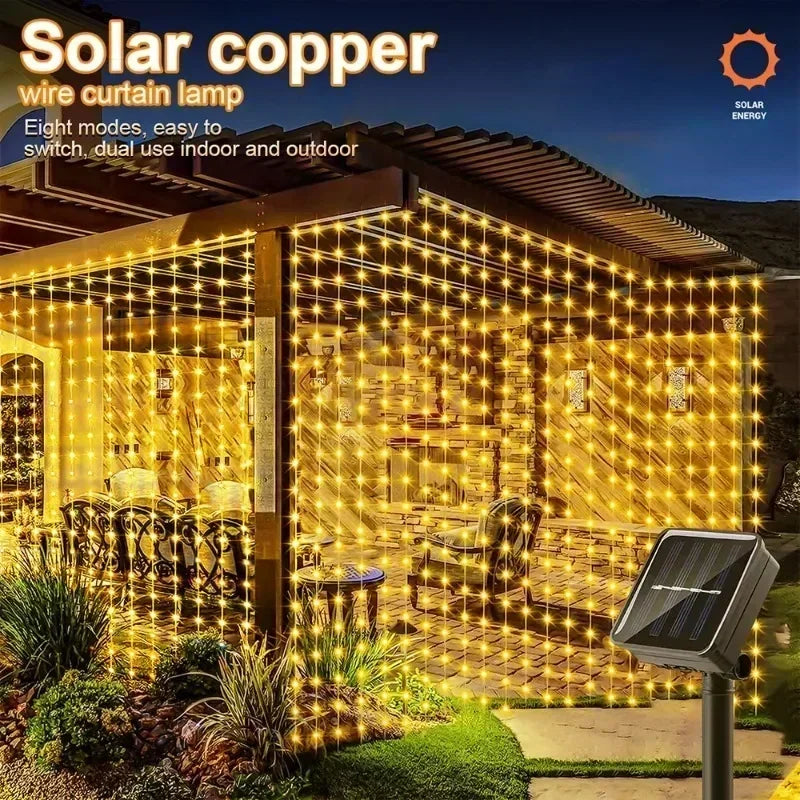 3M Solar LED Curtain String Lights with 8 Modes for Garden Christmas Wedding Party Fairy Decoration
