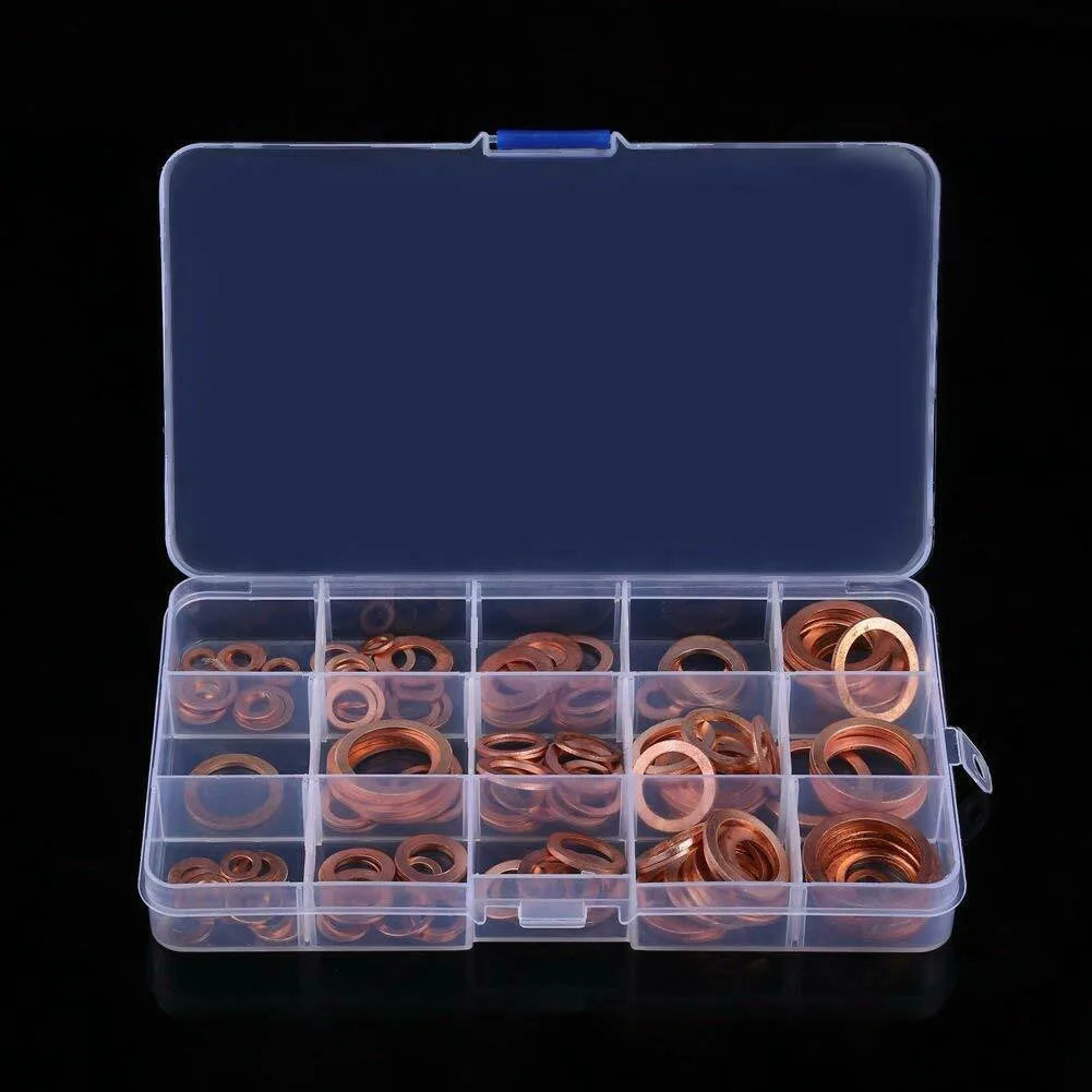 150PCS M5–M22 Copper Crush Washer Gasket Set — Flat Ring Seal Assortment Kit for Oil Pan &amp; Hydraulic Fittings