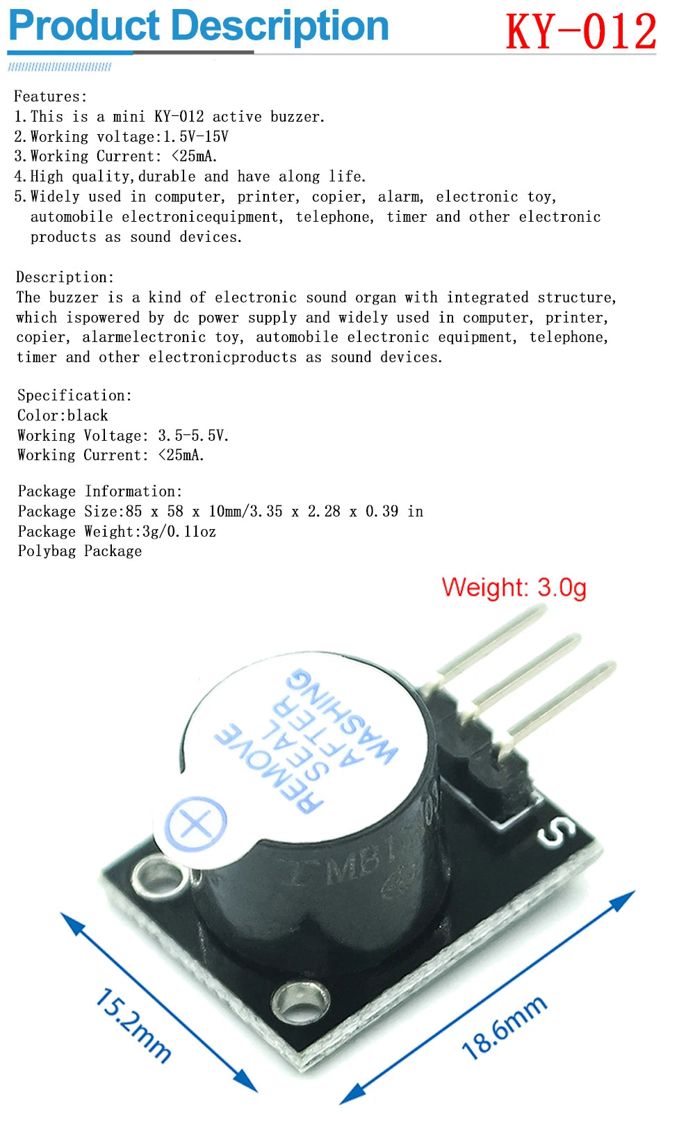 2PCS KY-012 Active Buzzer Module Compatible Accessories for Arduino DIY Projects