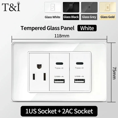118x75mm Tempered Glass US Thai Socket Dual USB-C Ports 2 AC Outlets 110V Scratch-Resistant Panel