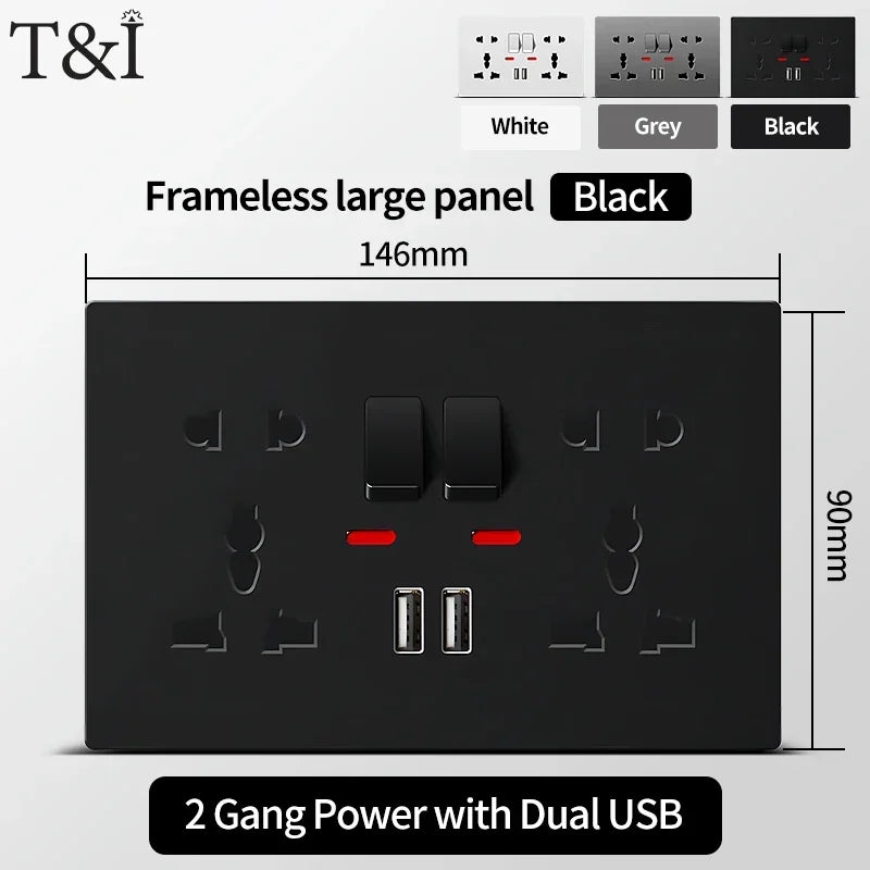Universal Wall Socket 2-Gang Power Outlet with Switches, USB-C Charging Port, LED Indicator, Flush Mount, AC 110-250V