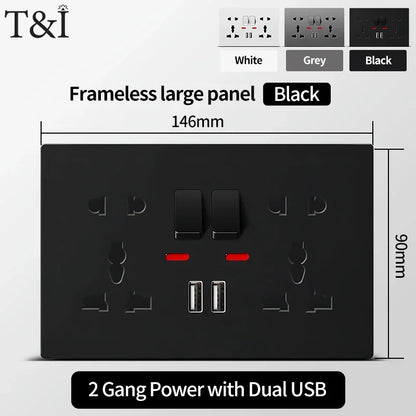 Universal Wall Socket 2-Gang Power Outlet with Switches, USB-C Charging Port, LED Indicator, Flush Mount, AC 110-250V