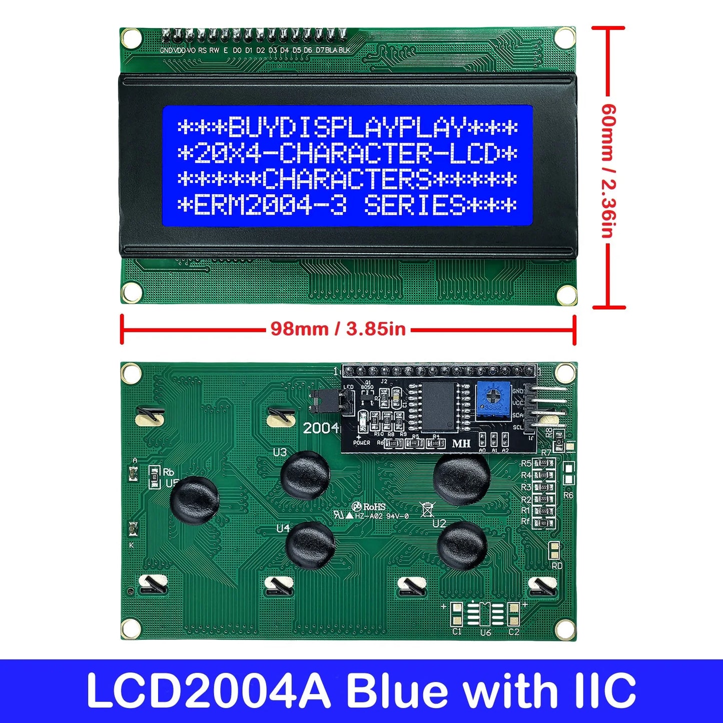 LCD2004A 20x4 Character I2C LCD Display Module HD44780 with Serial Interface Adapter Blue Green Screen for Arduino Projects
