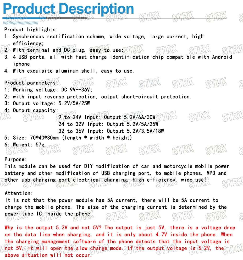DC-DC Step Down Converter Module 9V-36V to 5V 5A with 4 USB Ports and Aluminum Shell