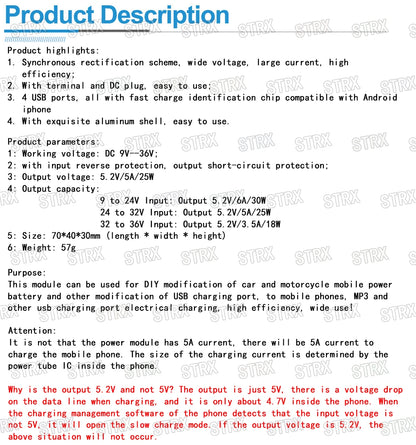 DC-DC Step Down Converter Module 9V-36V to 5V 5A with 4 USB Ports and Aluminum Shell