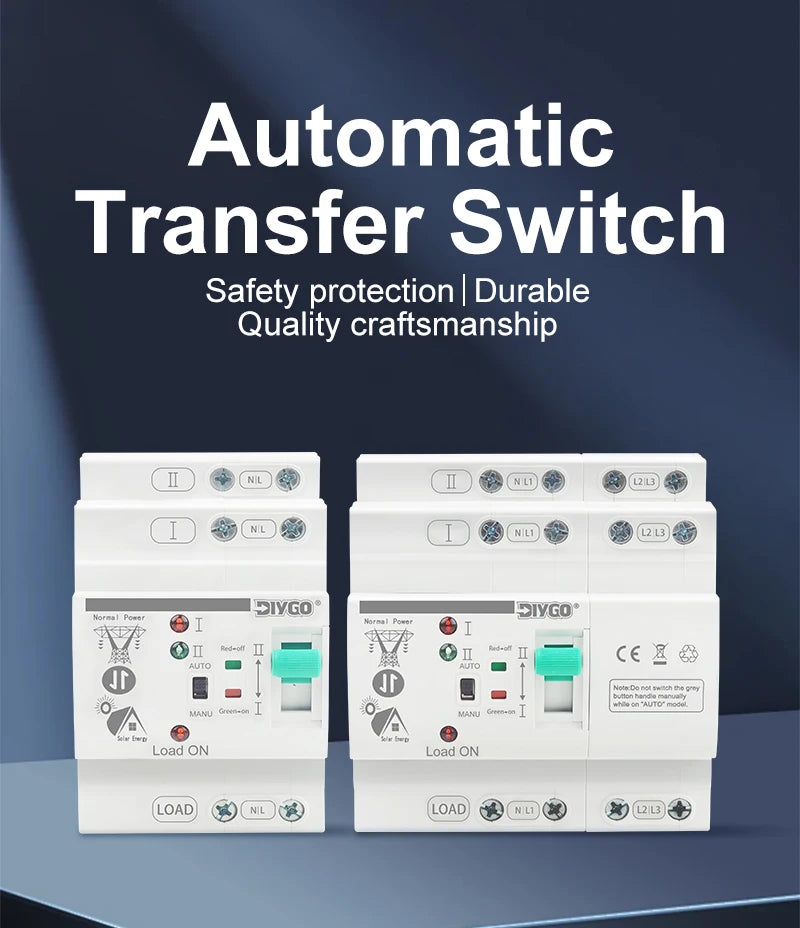 Small DIN Rail 80A 2P/4P ATS Automatic Transfer Switch, 110V/220V Dual Power PV/Solar Uninterrupted Electrical Selector Switch