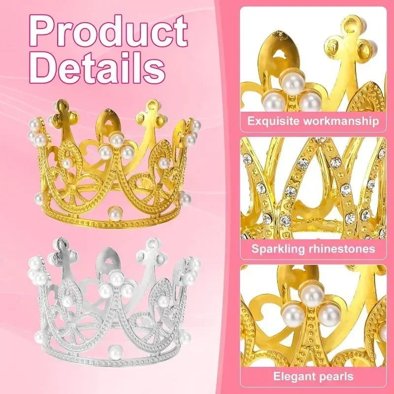 Wholesale Crown Cake Decoration Gold Silver Pearl Crown Topper Mini Princess Headwear Decoration Birthday Wedding Decor Supplies