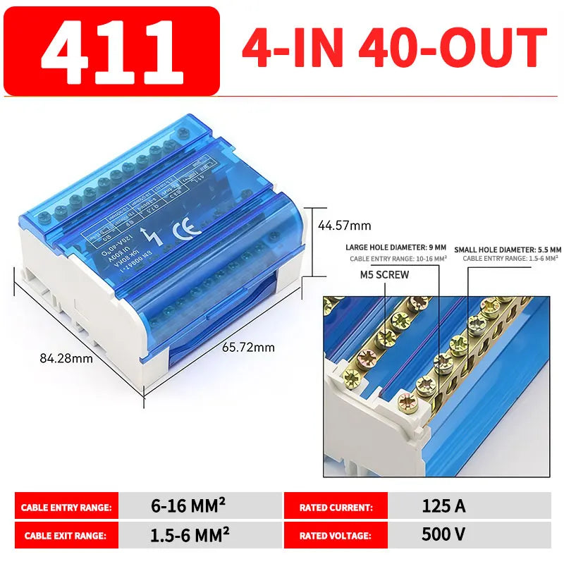 UK207 UK211 UK215 UK407 UK411 UK415 DIN Rail Terminal Block 125A Electrical Distribution Junction Box 1 In 2 4 6 Out