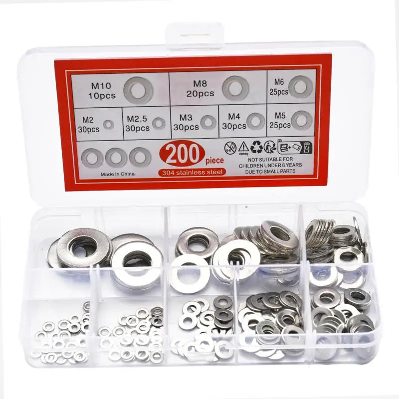 304 Stainless Steel Flat Washers Assortment Kit 910/200pcs — M2 M2.5 M3 M4 M5 M6 M8 M10 M12