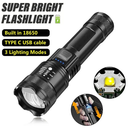 Strong Light LED Flashlight Portable Rechargeable Torch Telescopic Zoom Light Safety Light for Outdoor Camping Fishing Working