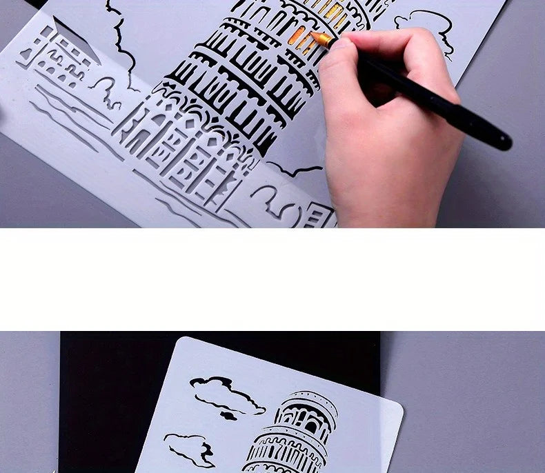 A4 DIY Painting Wall Stencil Airbrush   Drawing Copy Templates London Bridge Big Ben castle Burj Al Arab Five Towers White House